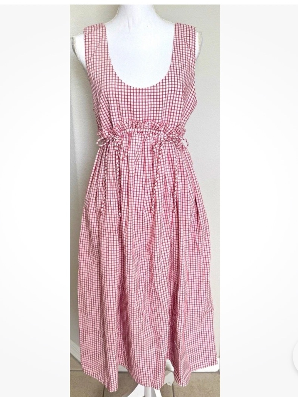 Anthropologie Red White Gingham Sleeveless A-Line Midi Dress Scoop Neck M